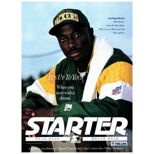 1993 Starter Team Wear NFL Jacket Vintage Print Ad Sterling Sharpe 90s Wall Art